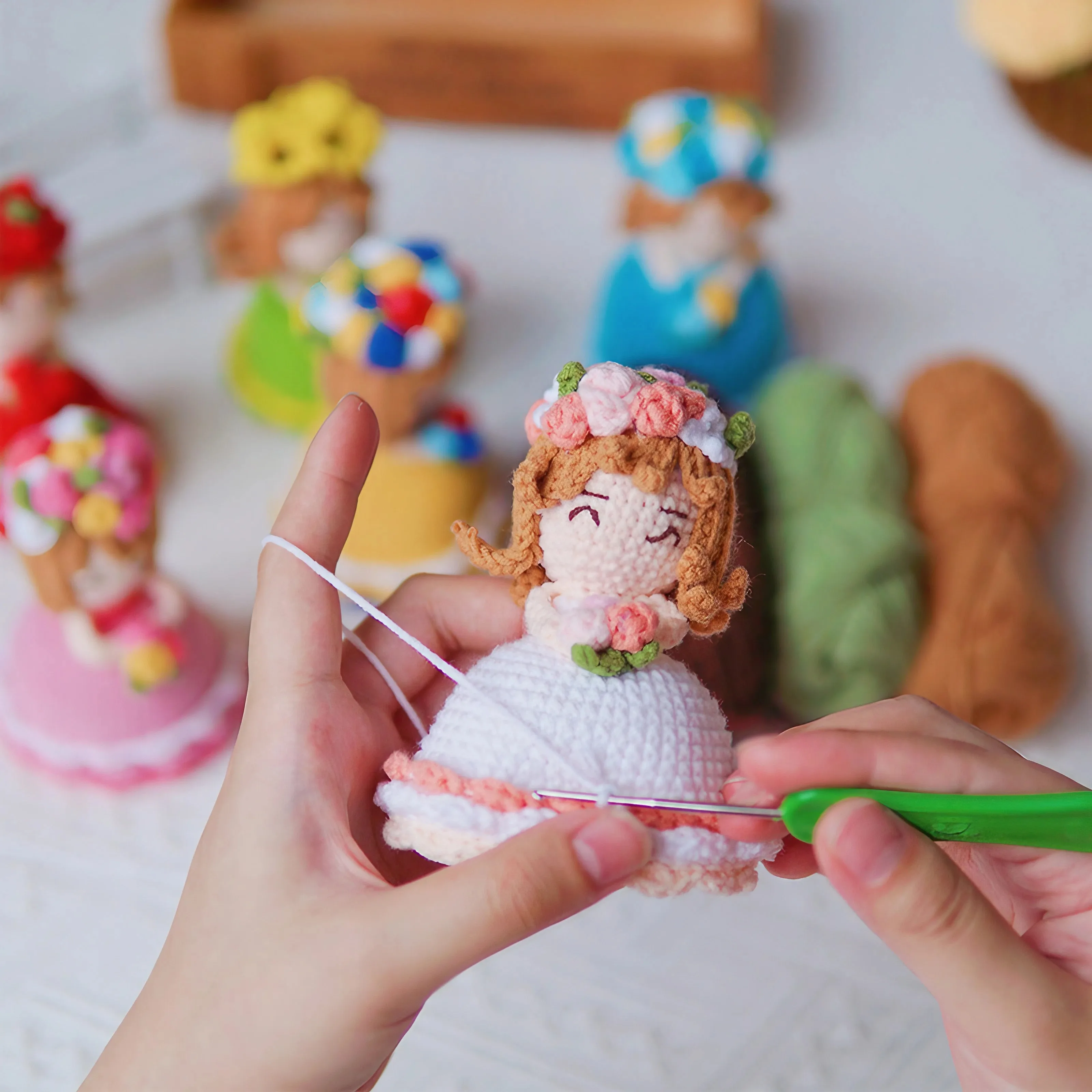 Handmade Crochet Crossdressing Bride Doll Knitted Finished Flower Bouquet Decoration Girls Birthday Gift Knitting Keychain