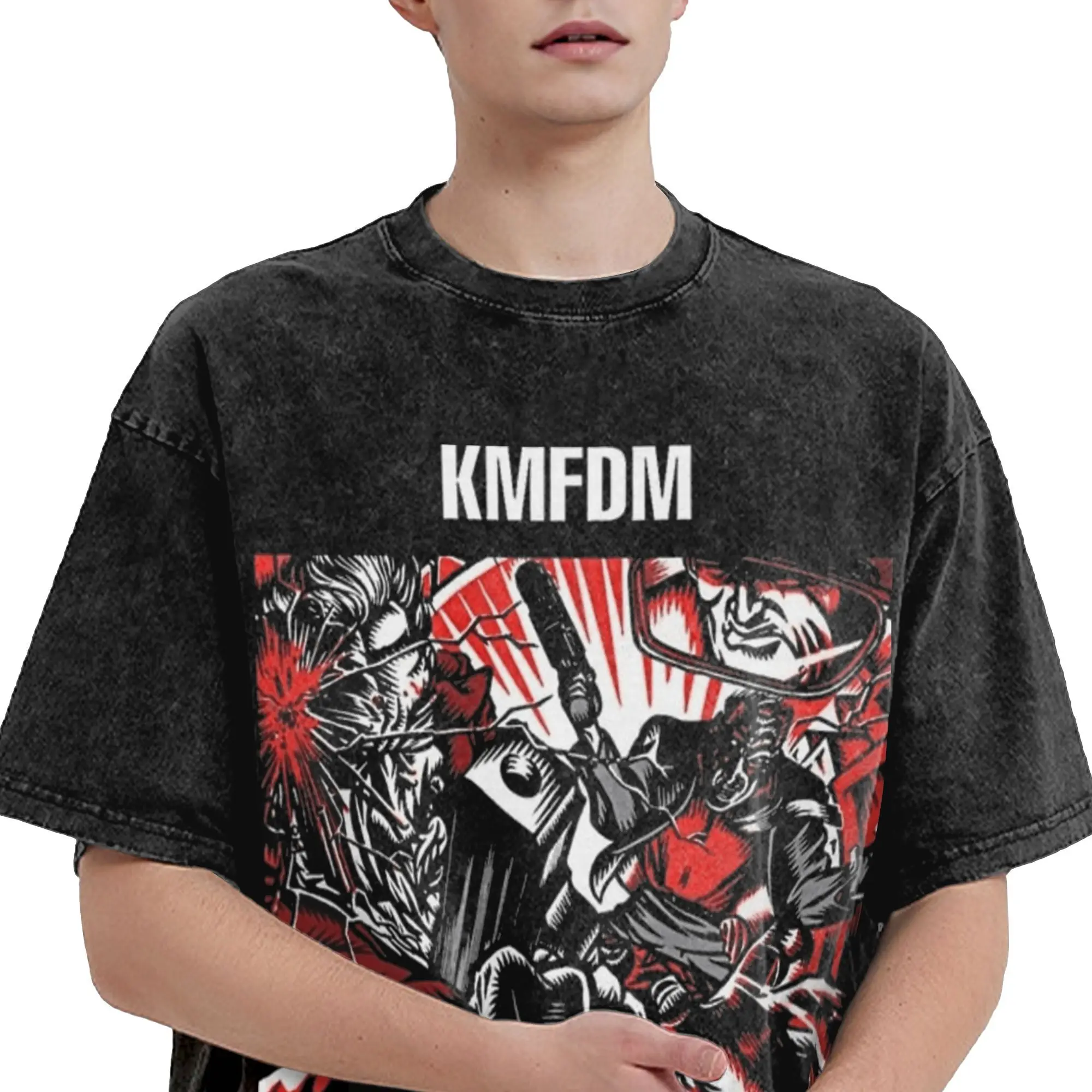 KMFDM Rock Band  Men T Shirt Washed  Funny Tees Short Sleeve Crewneck T-Shirt Pure Cotton Gift Idea Clothes