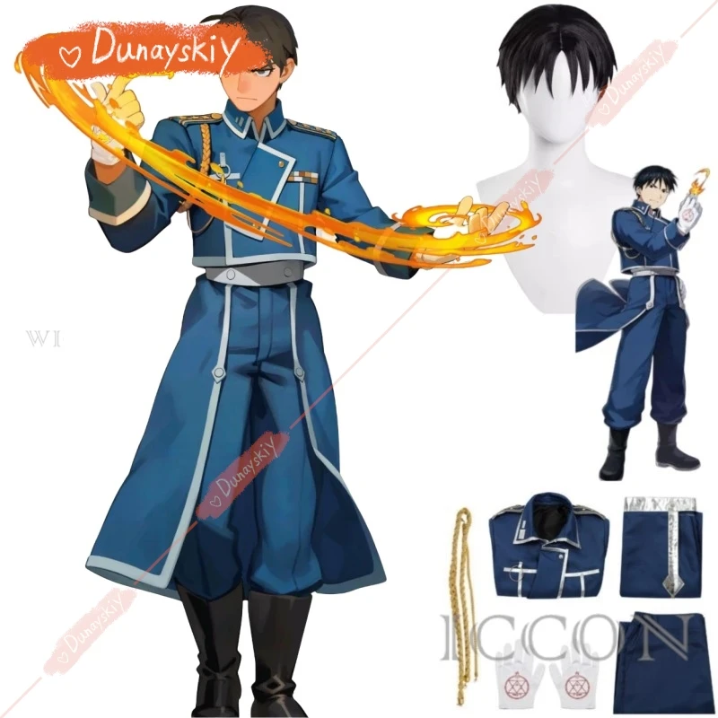 Disfraz de Anime Fullmetal Alchemist Roy Mustang Edward Elric, peluca de Cosplay, abrigo militar azul, uniforme, conjunto completo, traje de Carnaval para hombre