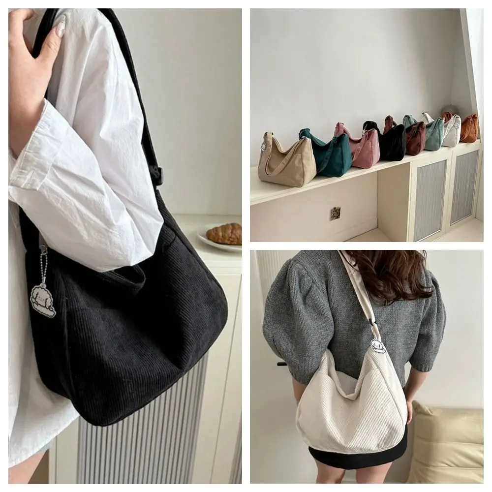 

Cute Solid Color Corduroy Shoulder Bag Large Capacity Korean Style Crossbody Bag Handheld with Pendant Women Tote Bag Girls