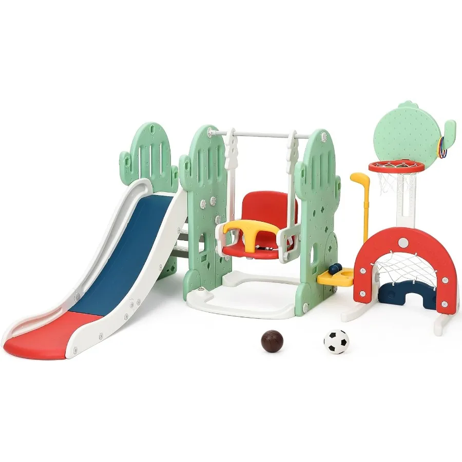 Conjunto de escorregador e balanço para crianças 7 em 1, escalador autônomo com balanço ajustável e cesta de basquete, futebol, golfe e anel para