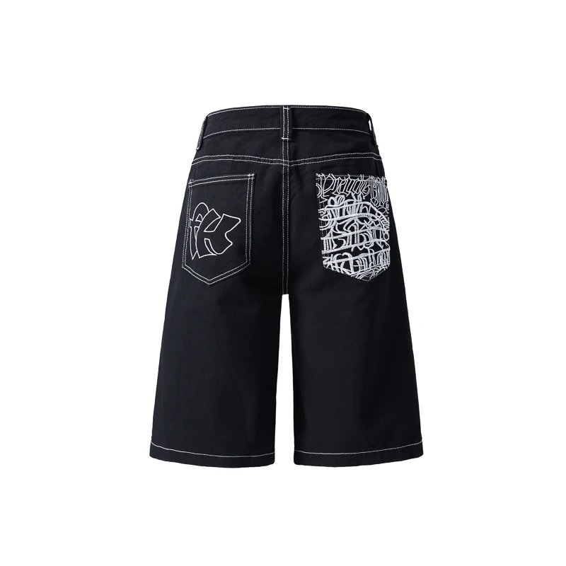 Vintage American Embroidered Jorts Mens Denim Shorts Loose Fit Baggy Hip Hop Summer Casual Streetwear Distressed Washed