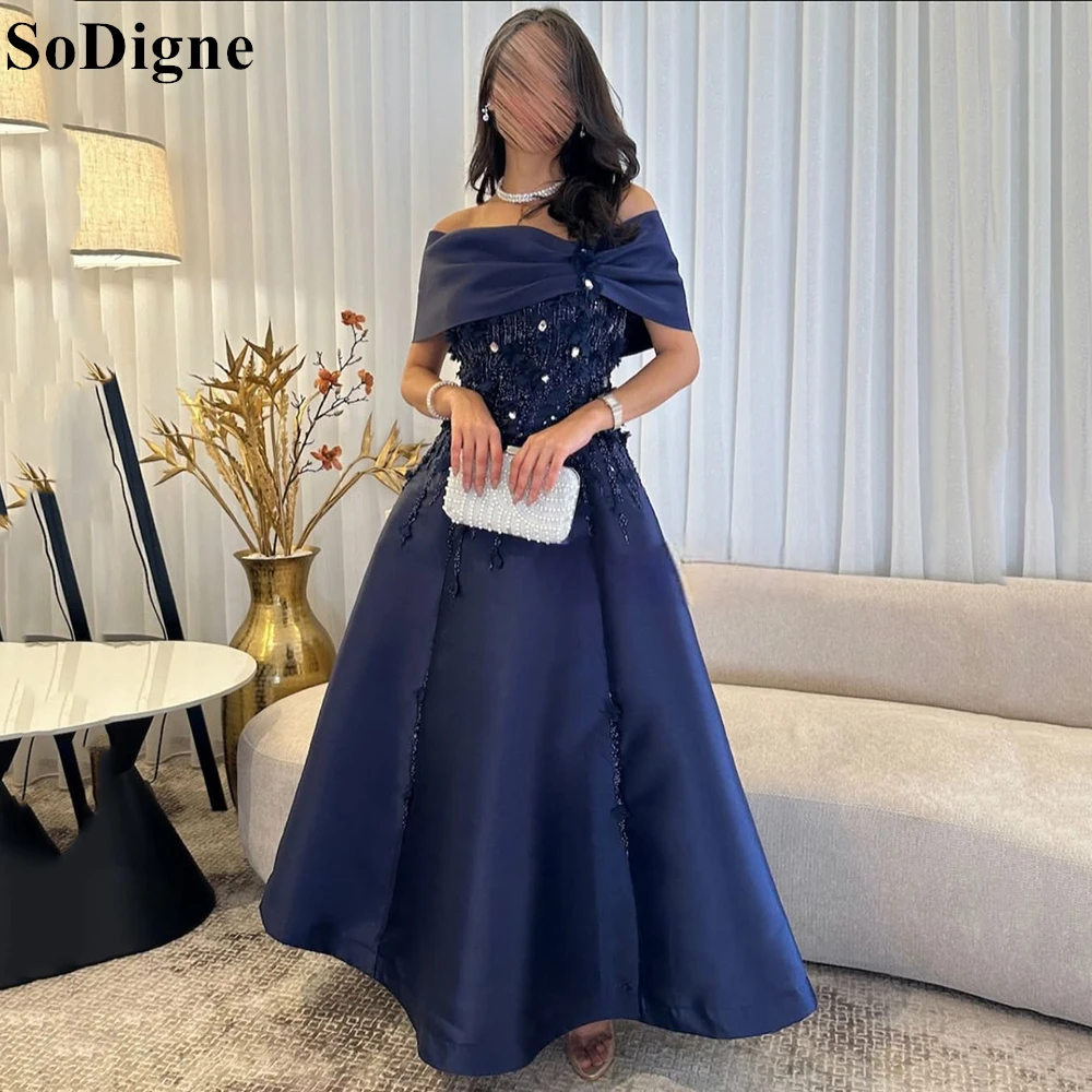 SoDigne Saudi Luxury Navy Blue Evening Dresses A-Line Beading Appliques Off Shoulder 2025 Royal Style Party Prom Gowns Customize
