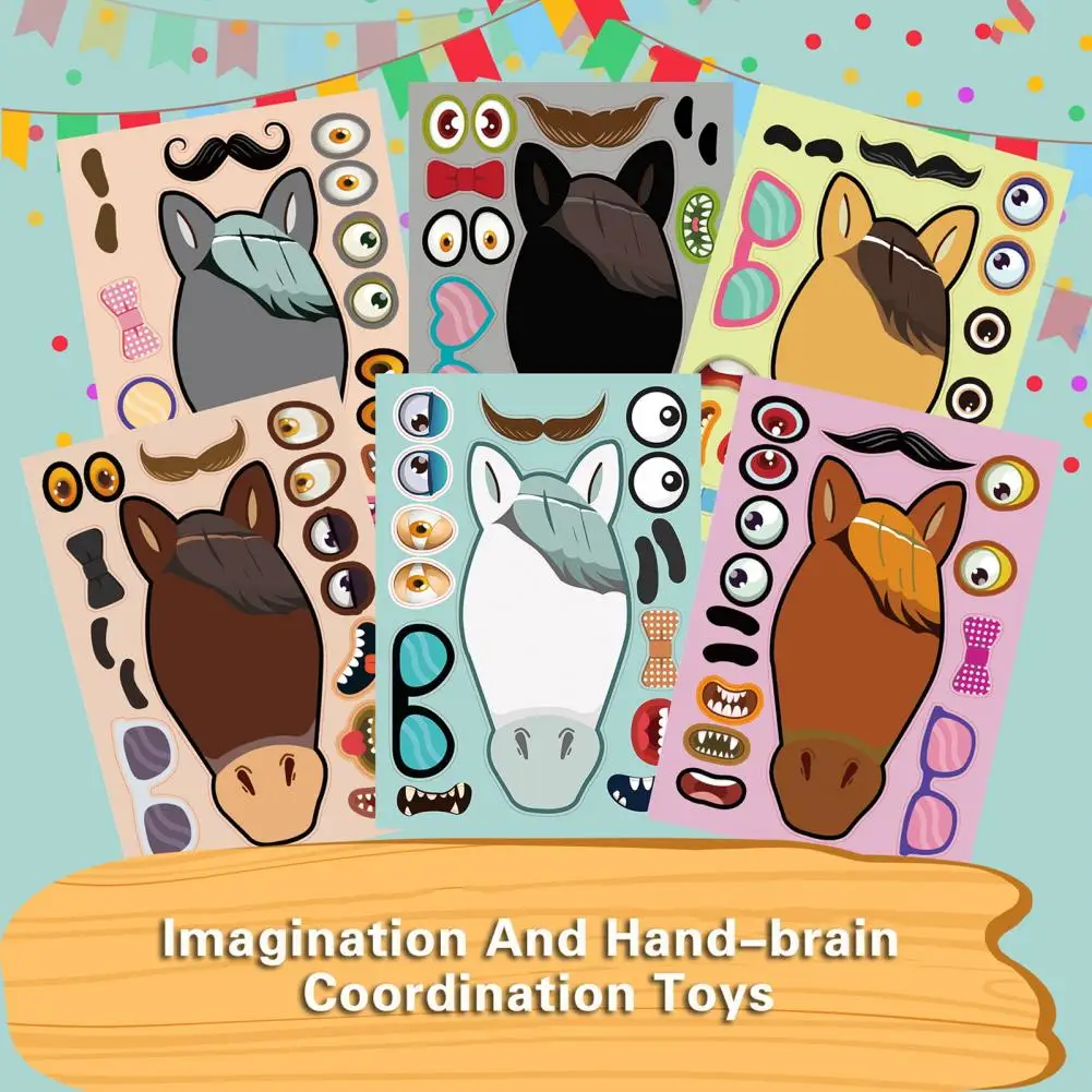 Stiker wajah ม้าน่ารักสำหรับเด็ก12แผ่นแบบทำหน้าสติกเกอร์เด็กงานฝีมือสนุกๆการศึกษาความคิดสร้างสรรค์สติกเกอร์ปริศนาศิลปะ