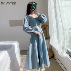 Long Sleeve Dress Women Vintage Autumn Lovely BF Empire Ladies A-Line Vestidos Blue Holiday Sweet New Lace Patchwork Puff Ins OL