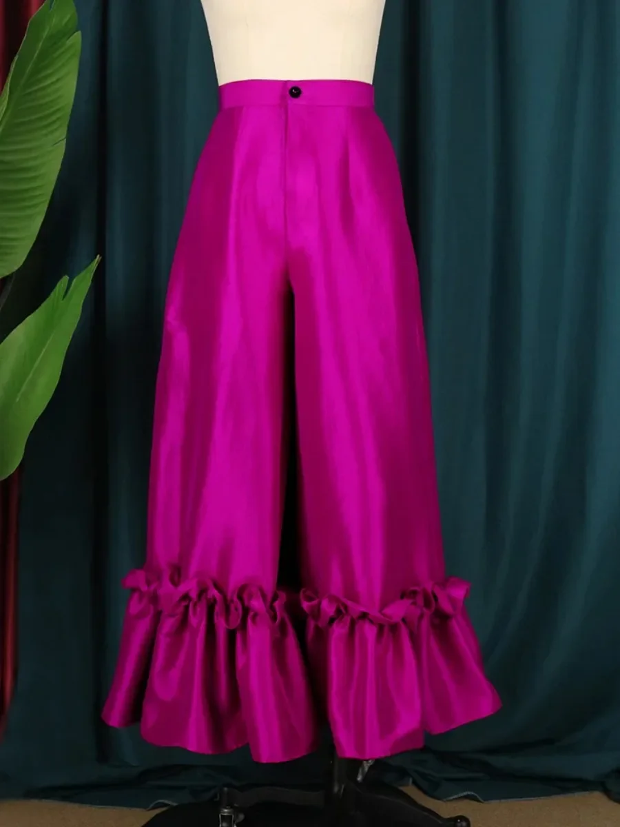 Fuchsia-Hose mit hoher Taille, glänzend, ausgestellt, plissiert, weites Bein, trendige lange Caprihose, Damen-Cocktail-Party-Hose mit Besatz, große Größe