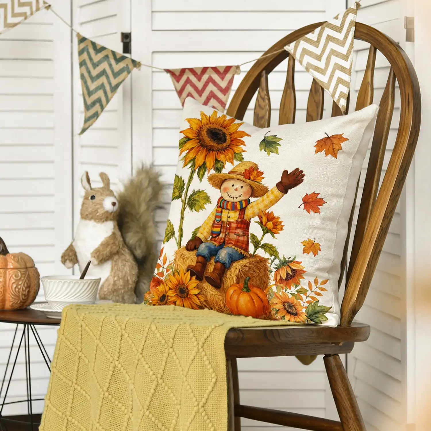 Sunflower Scarecrow Maple Leaves Pumpkin Fall Pillow Covers 18x18 Inch Set of 2, Cushion Covers for Sofa