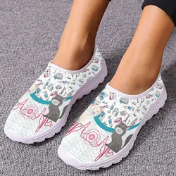 INSTANTARTS Cute Cat and Medical Tools Cartoon Female Flat Shoes ECG Cats With Mask Printed Women Mesh Sneakers Slip-on Loafers