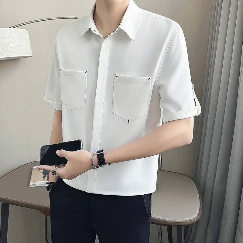 

2026 Summer Pocket Embroidered Ice Silk Mid Sleeve Shirt Men Comfortable Casual Social Shirts Loose Business Party Tuxedo Blouse