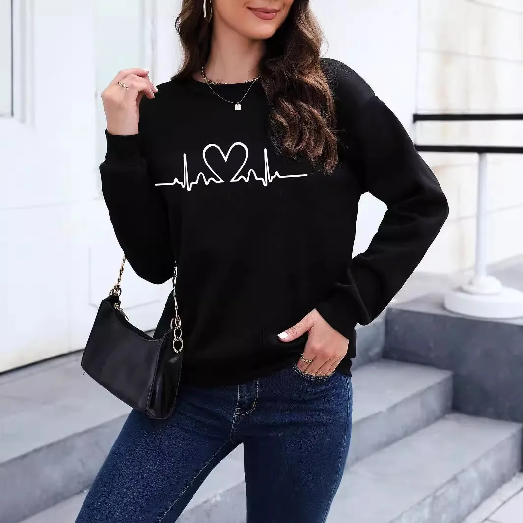 2025 Women's Sports Solid Color Printed Round Neck Hoodie Fashion Trend