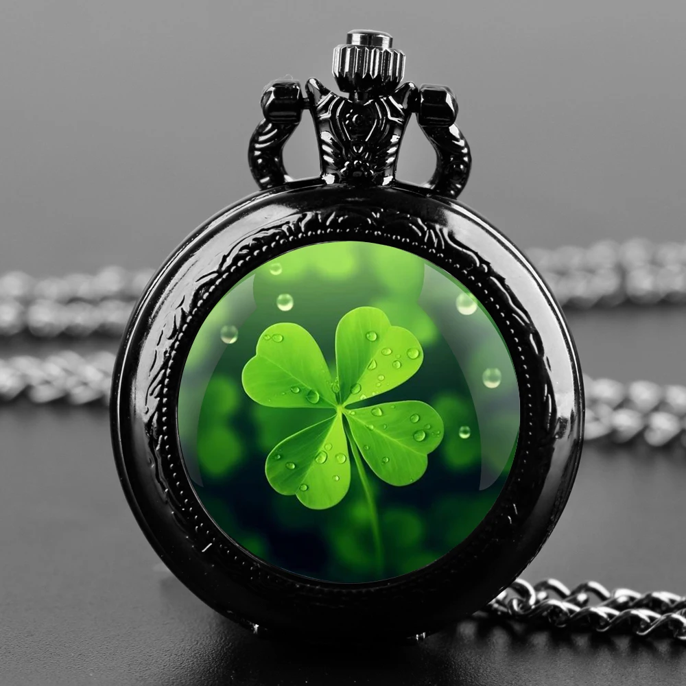 Vierblättriges Kleeblatt Irland Glaskuppel Vintage Quarz Taschenuhr Männer Frauen Anhänger Halskette Kette Uhr Schmuck Glücksbringer