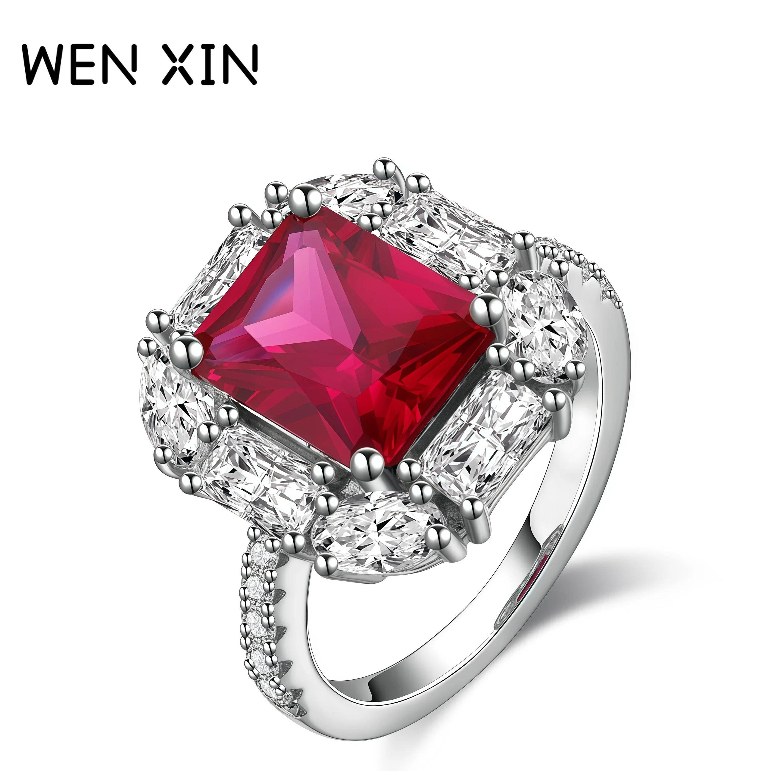 

WENXIN Brand Retro Rectangular Pigeon Blood Red Certificate Ring Diamond 925 Sterling Silver Rings For Women Fine Jewelry