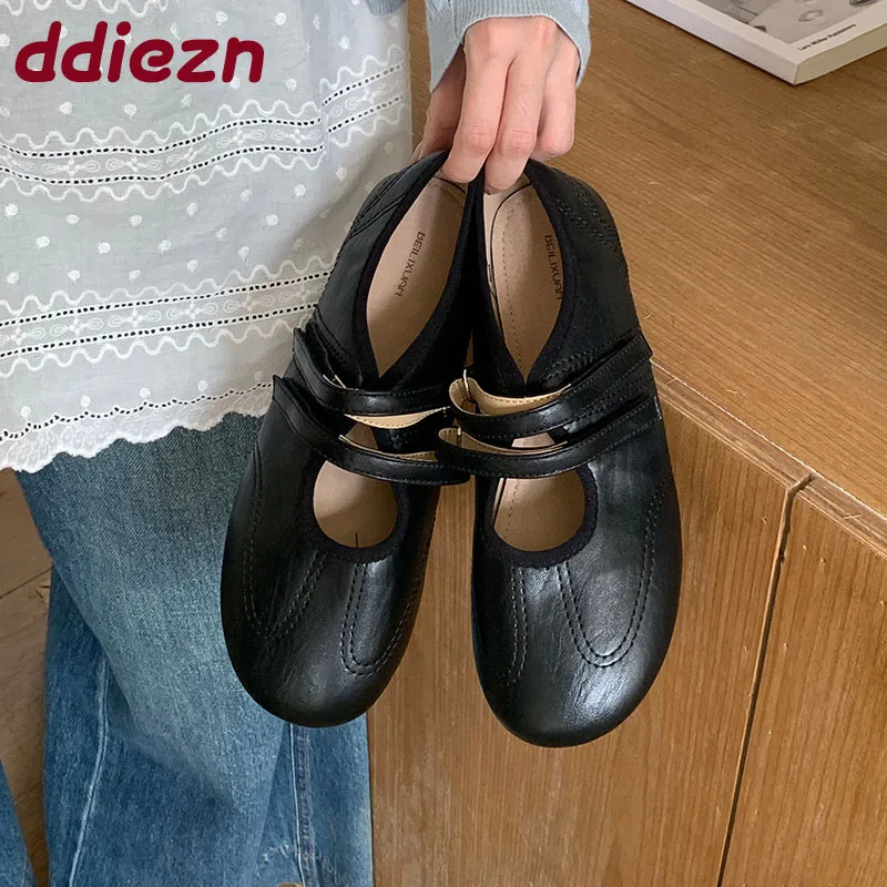 レディース-メリージェーン-フラットシューズ、ソフトな履き心地、ラウンドトゥ、浅履き、バレエシューズ、スリッポン、新しいファッショナブルなフック＆ループ付き