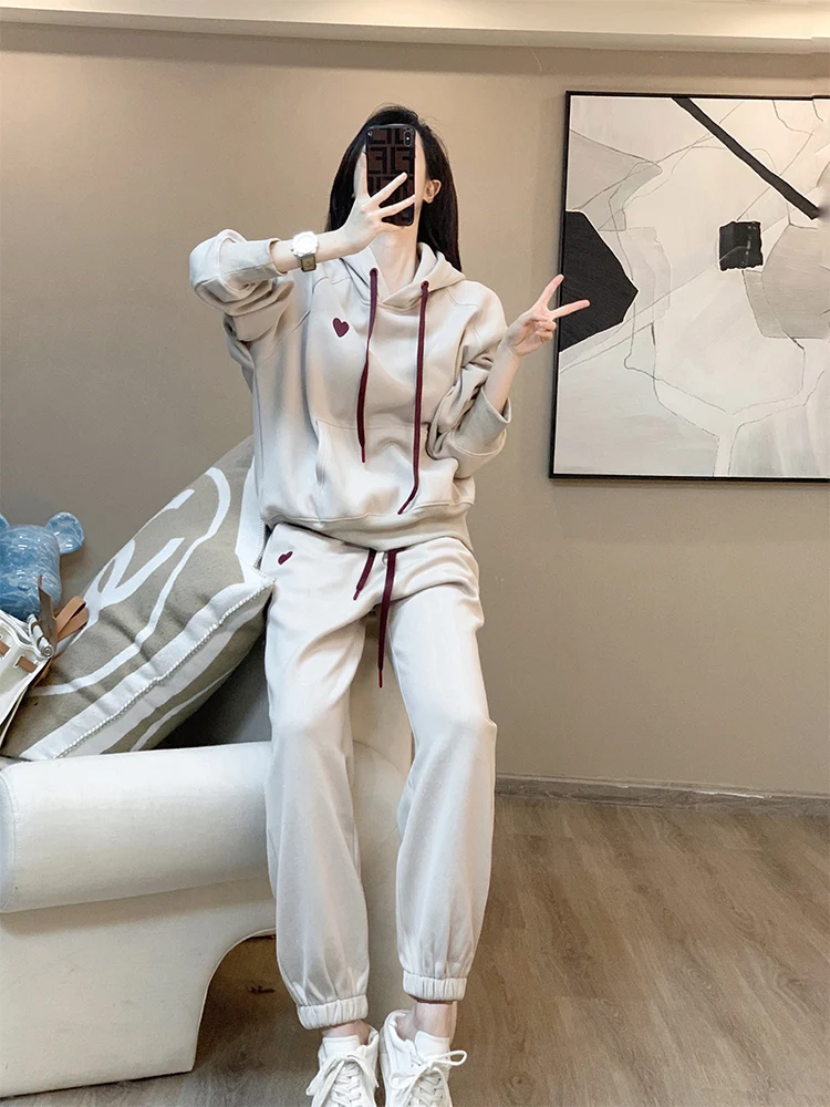 Off white Love Hooded top Sports Set for Women\'s 2023 Spring and Autumn new Loose Embroidery Casual Sports two-Piece set S-2XL