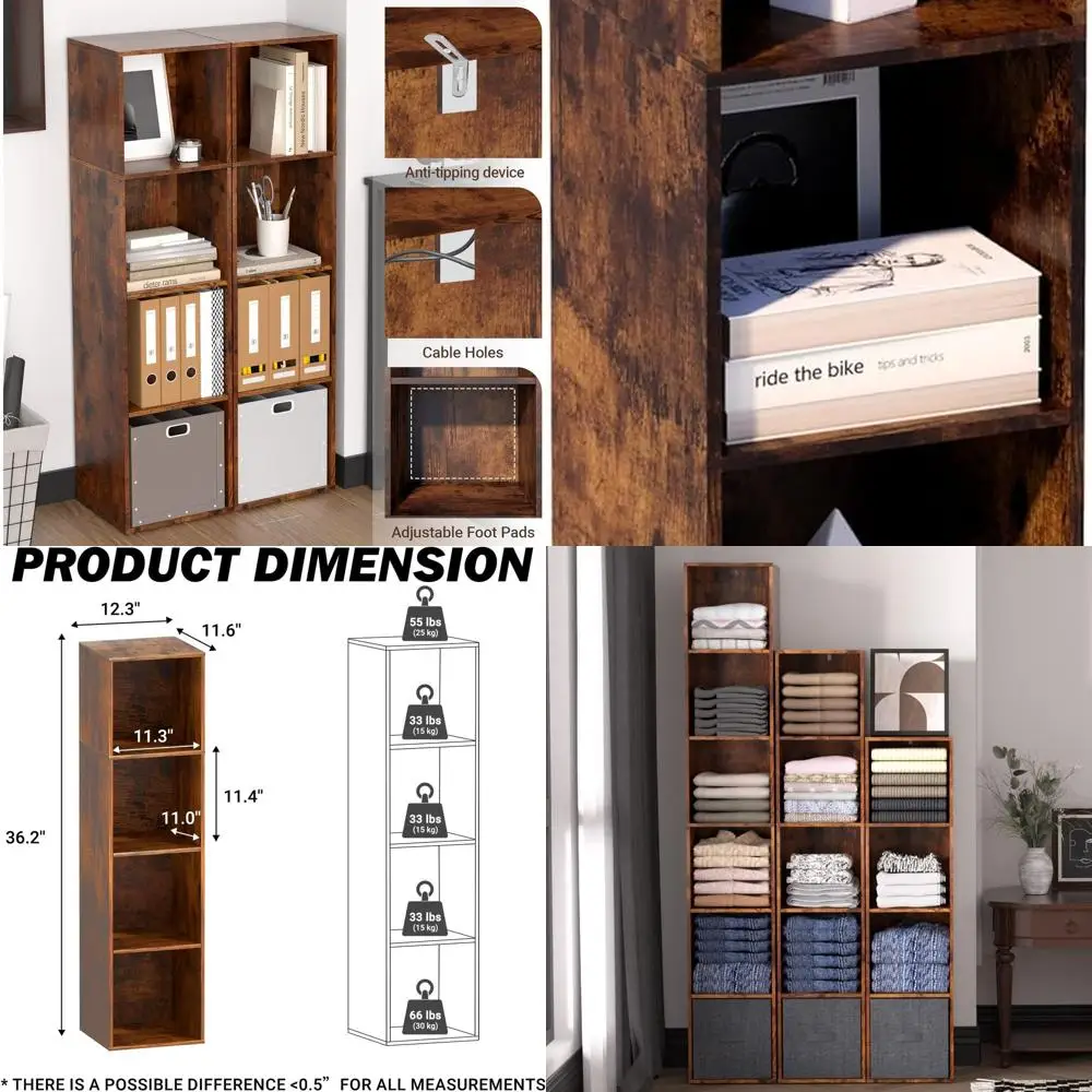 

4 Cube Storage Organizer, 4 Tier Cube Low Bookcase Freestanding Storage Display Organizer, Four-Cubes Open Shelf Bookshelf for H