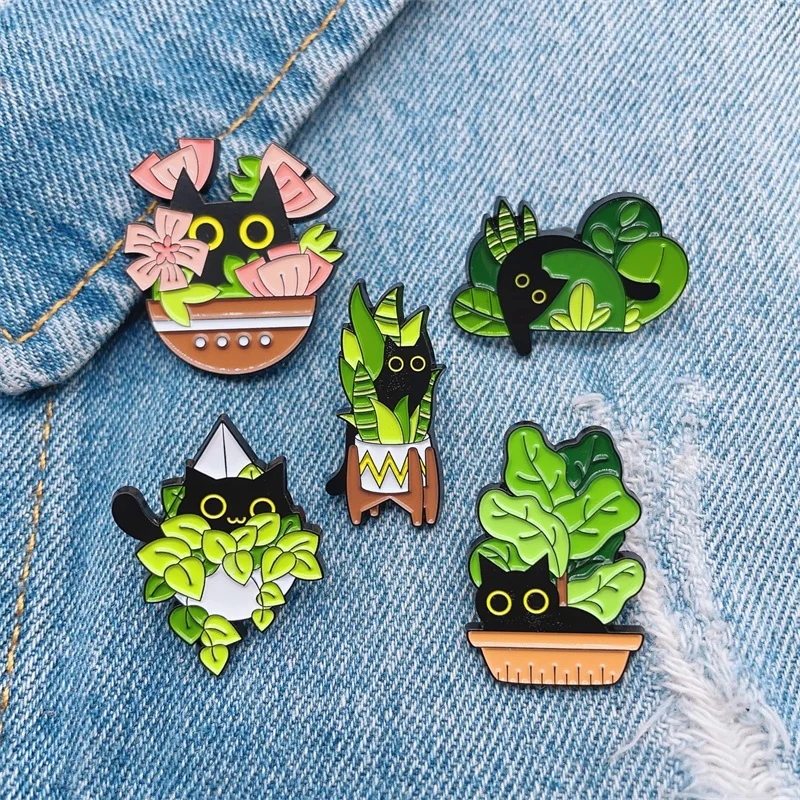 Cartoon Cute Plant Animal Cat Enamel Brooch Potted Cactus Cat Alloy Pins Badge Sweet Clothing Accessories Jewelry Gift