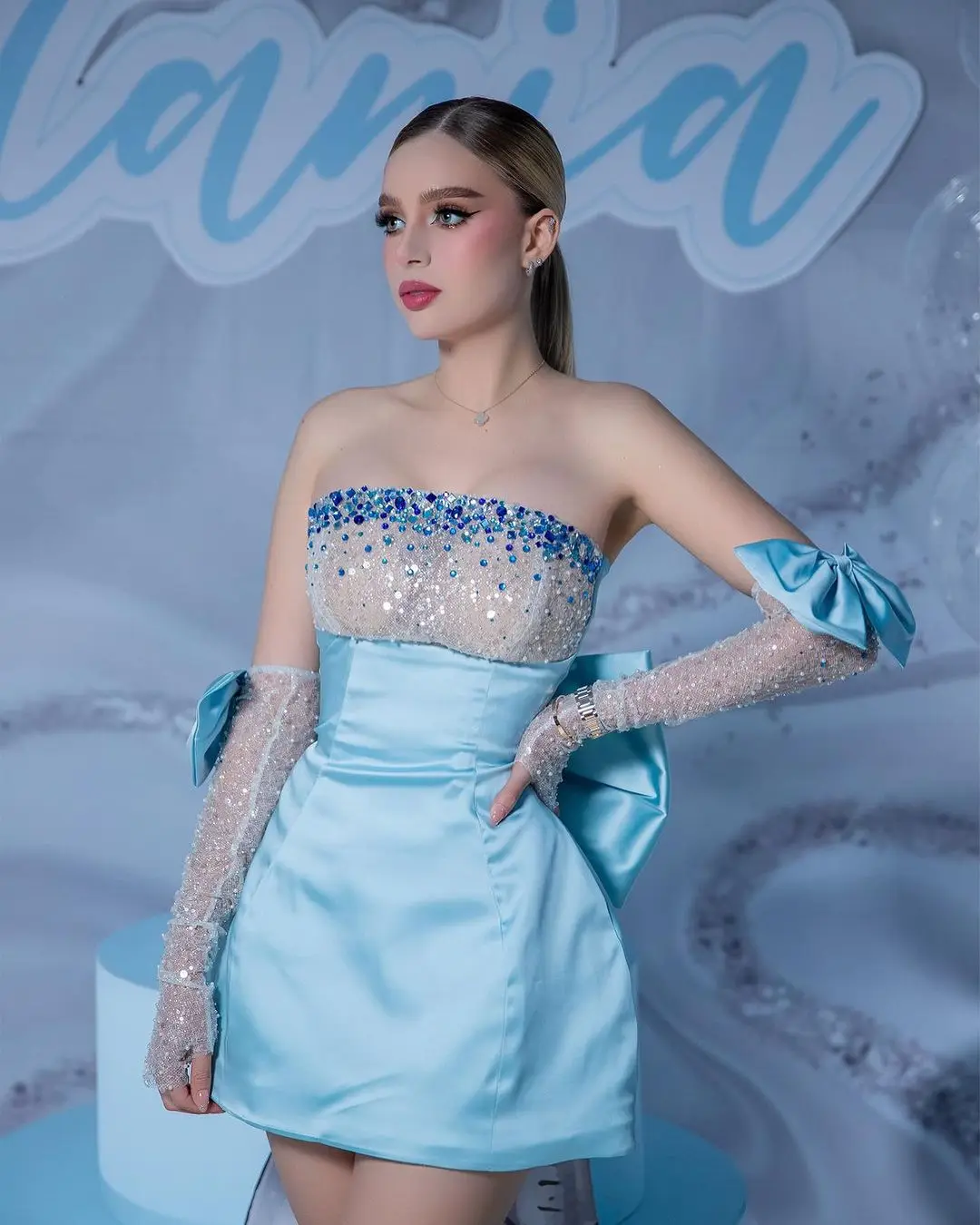 Dream Blue Mini Party Dresses with Big Bow Shiny Crystals Removable Sleeves Cute Women Birthday Dress Short Prom Gown Custom