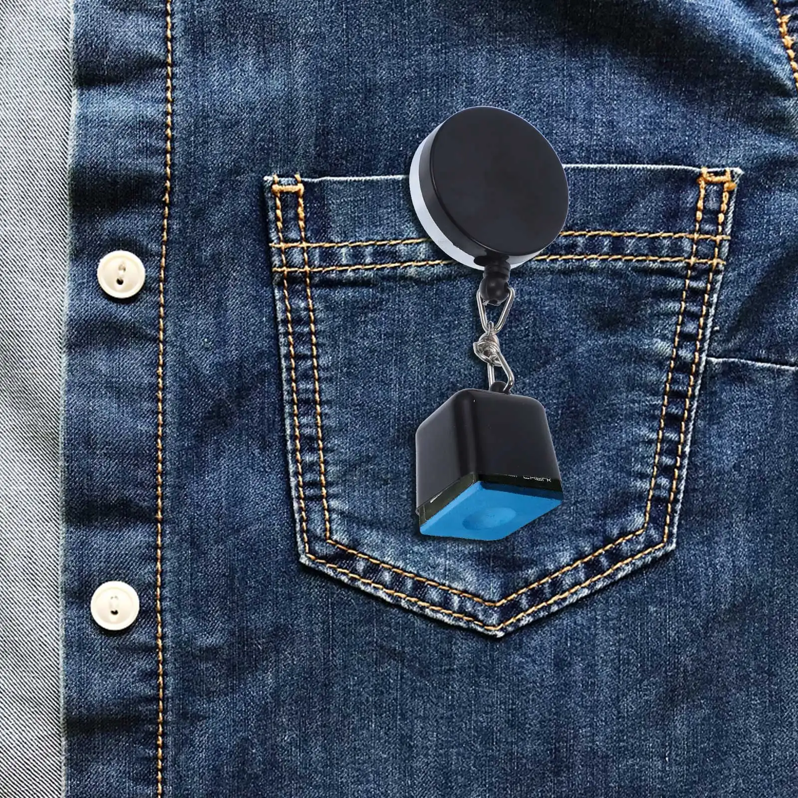 

Black Chalk Holder with Retractable Cord for Pool Billiard Snooker Steel Rubber Plastic Material Billiard Chalk Holder