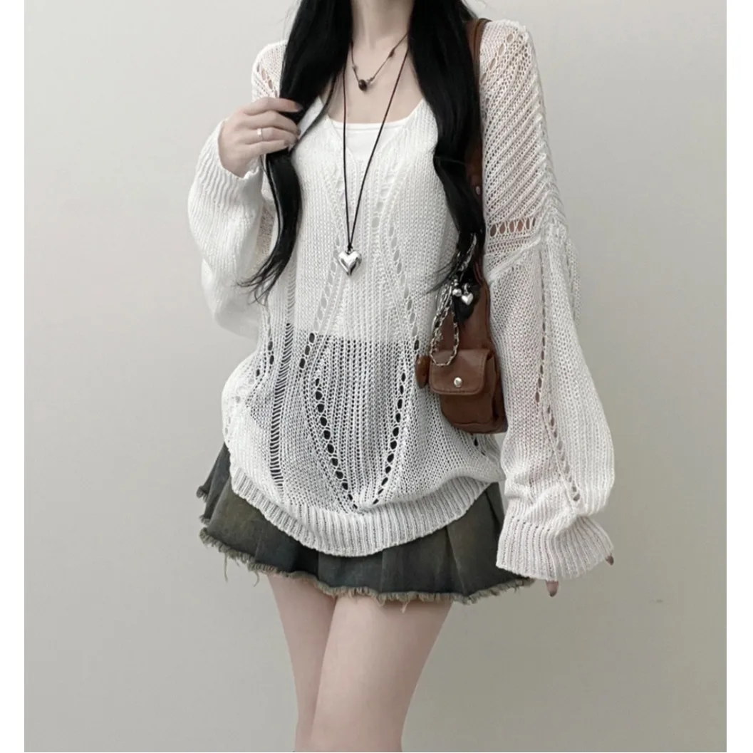 

Chic Lazy Sle Loose Color Hollow Long Sve Knitted V-Ne Cover up Top Women's Faion Korean Sle Spring Autumn W...
