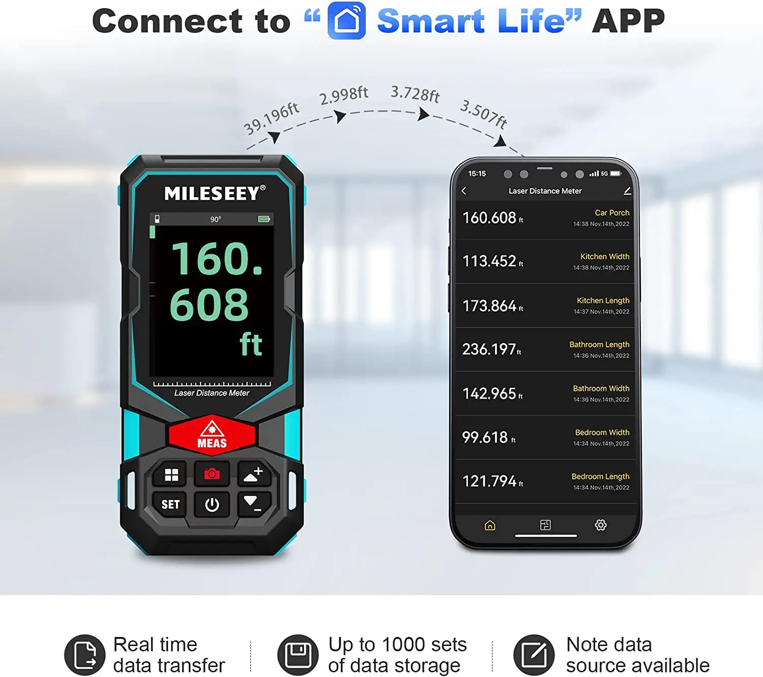 Imagem -04 - Medidor de Distância a Laser Recarregável Multifuncional Ferramentas de Medição P2p Bluetooth ao ar Livre 100m 200m Mileseey-s7
