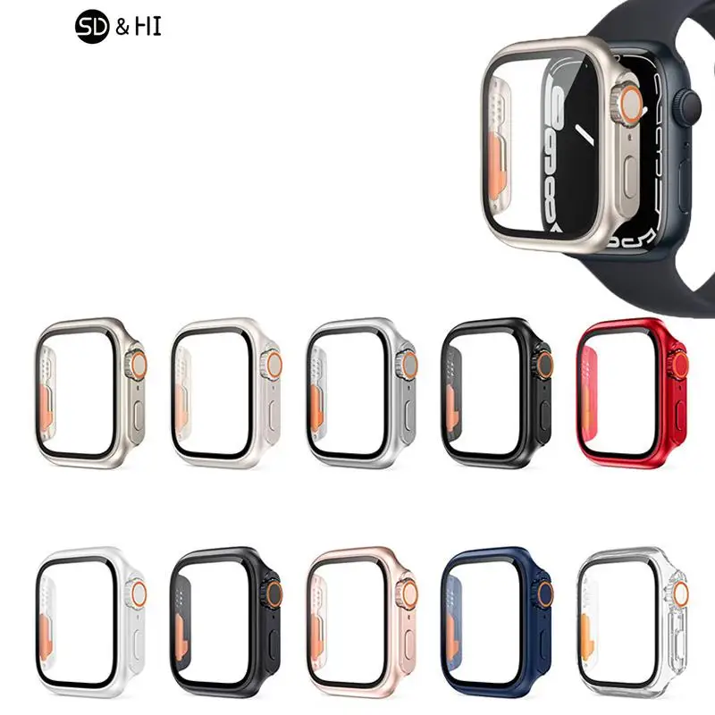 Pc Stevige Hoes Voor Apple Watch Case 45Mm 41Mm 44Mm 40Mm Glas Uiterlijk Upgrade Ultra Iwatch Serie 9 8 7 Se Se2 6 5 4