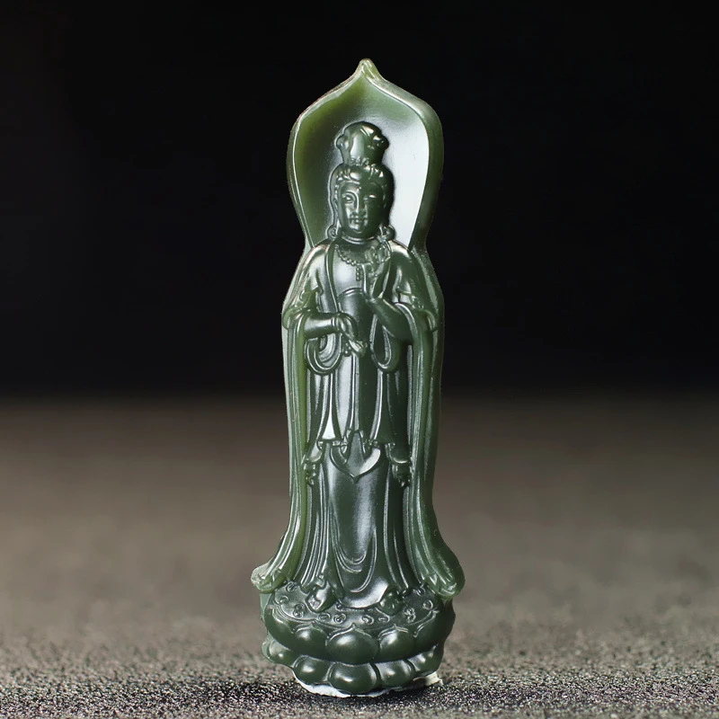 Hotan , Green Standing Guanyin Pendant, Men's Buddha Jade Figurine
