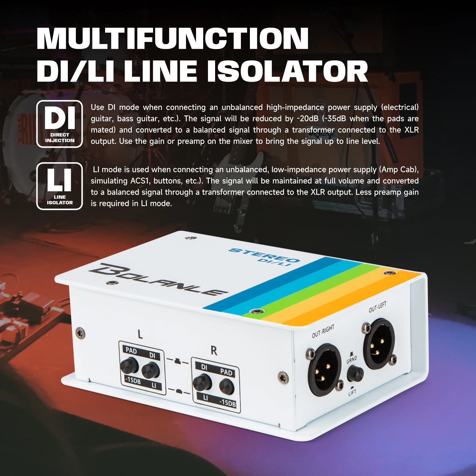Bolanle Audio Passive DI/LI Stereo Direct Box and Line Isolator, Multi  Choose Between Direct Injection or Line Isolator Modes