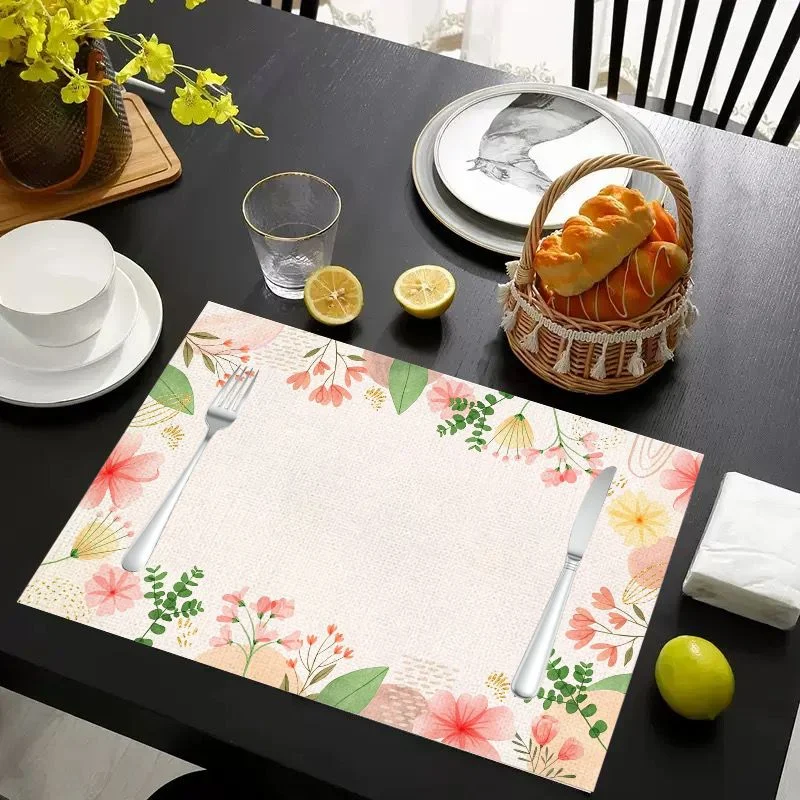 VIKAMA Placemat Pink Flowers Green Leaves, Waterproof Oil-Proof Heat-Resistant Dining Table Mat for Home