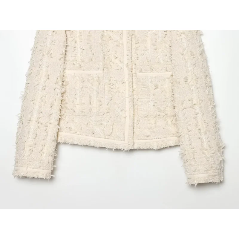 Elegant Women Textured Fringe Tweed Short Jacket Stand Collar Long Sleeve Pockets Jacquard Fabric Cropped For Daily Outerwear