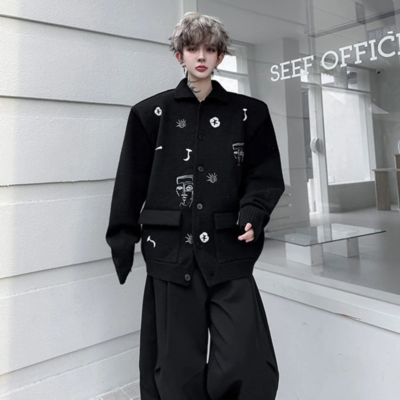 Luzhen moda padrão personalizado bordado solto lapela malha cardigan masculino elegante 2025 novo original camisola de rua jy4426