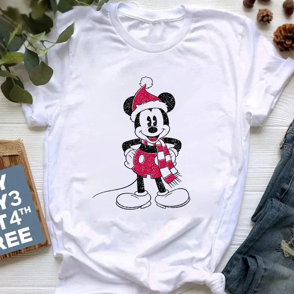 2024 Merry Christmas T Shirt for Women Harajuku Aesthetic Mickey Print Clothing White Tops Fashion Short Sleeve T-shirt Female