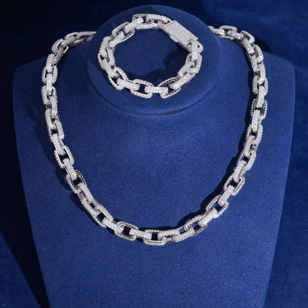 10mm Iced Out D Color Moissanite 3D Box Chain Necklace 925 Sterling Silver Hip Hop Rock Men Cuban Link Necklaces Pass Tester