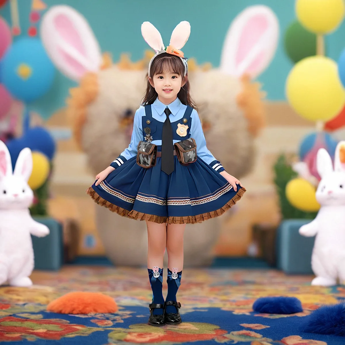 Fsia Infantil de Judi com orme de Polícia, Saia Lolita, Chapéu e Tiara, Traje Cleto para Cosplay de 