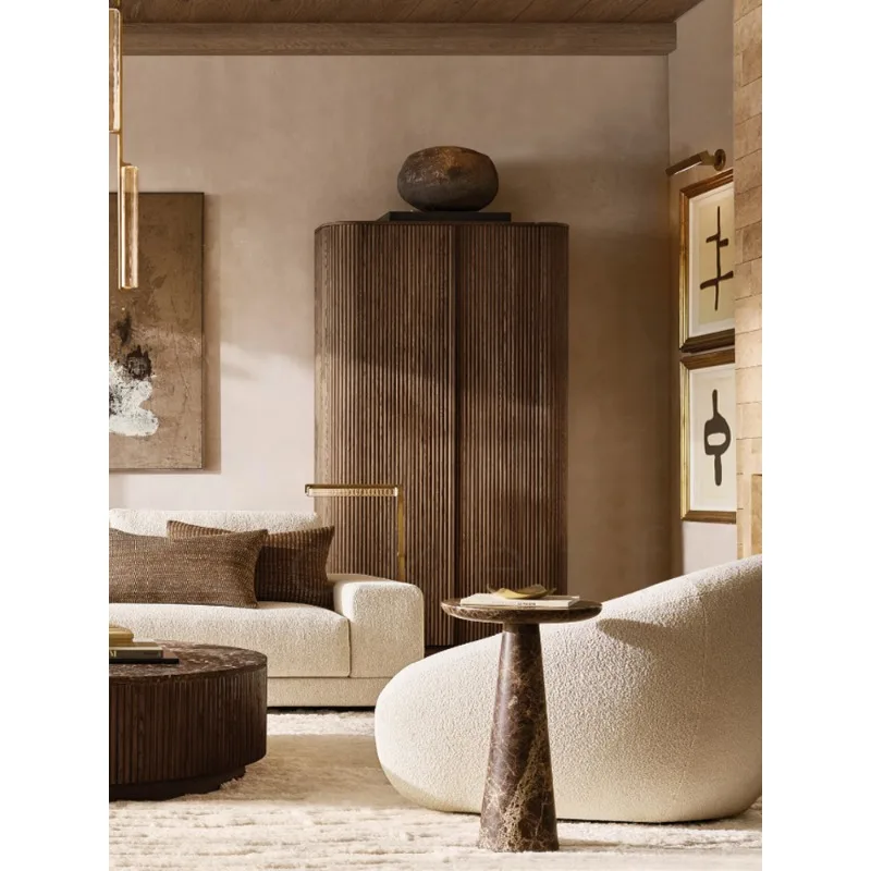 Italian light luxury natural round dark brown mesh marble edge few small apartment living room sofa side table