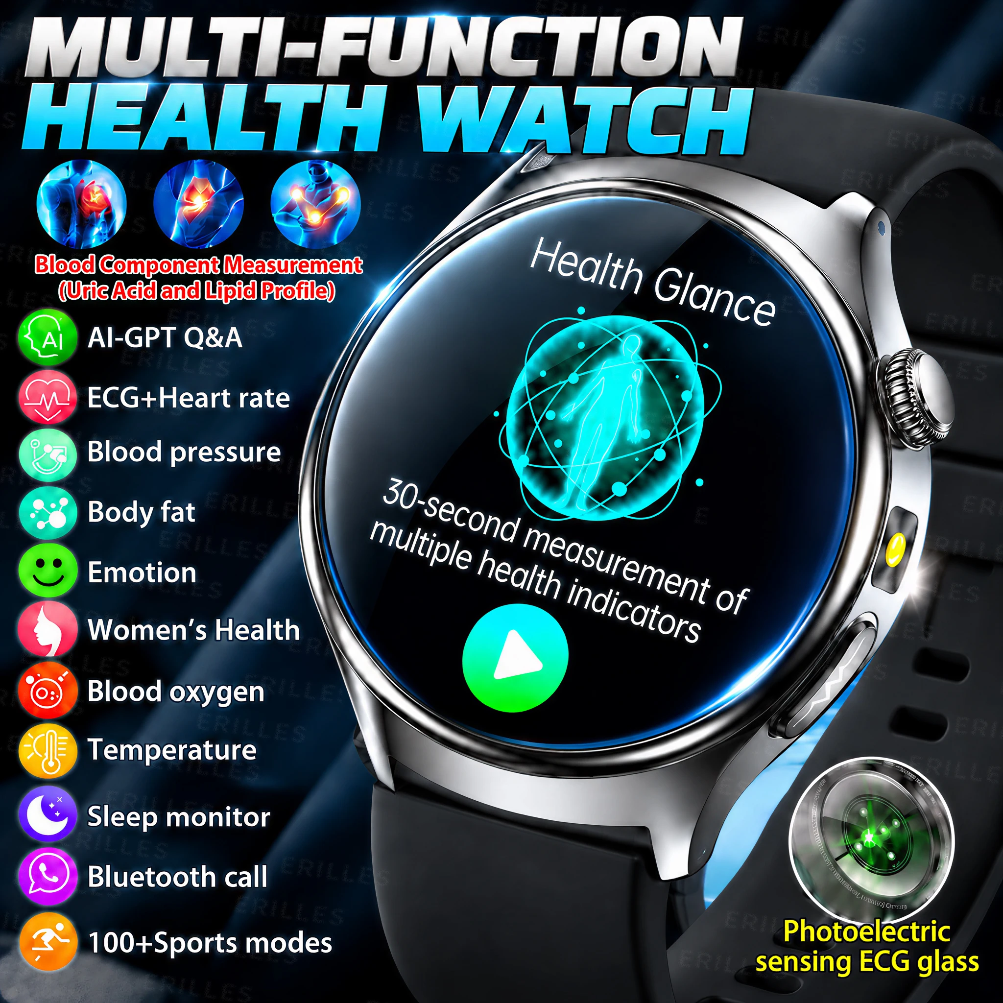 2026 KI-Gesundheits-Smartwatch EKG Blutdruck Körperfett Blutsauerstoff Harnsäure Blutfette AMOLED HD Anruf Sportuhr für Männer und Frauen