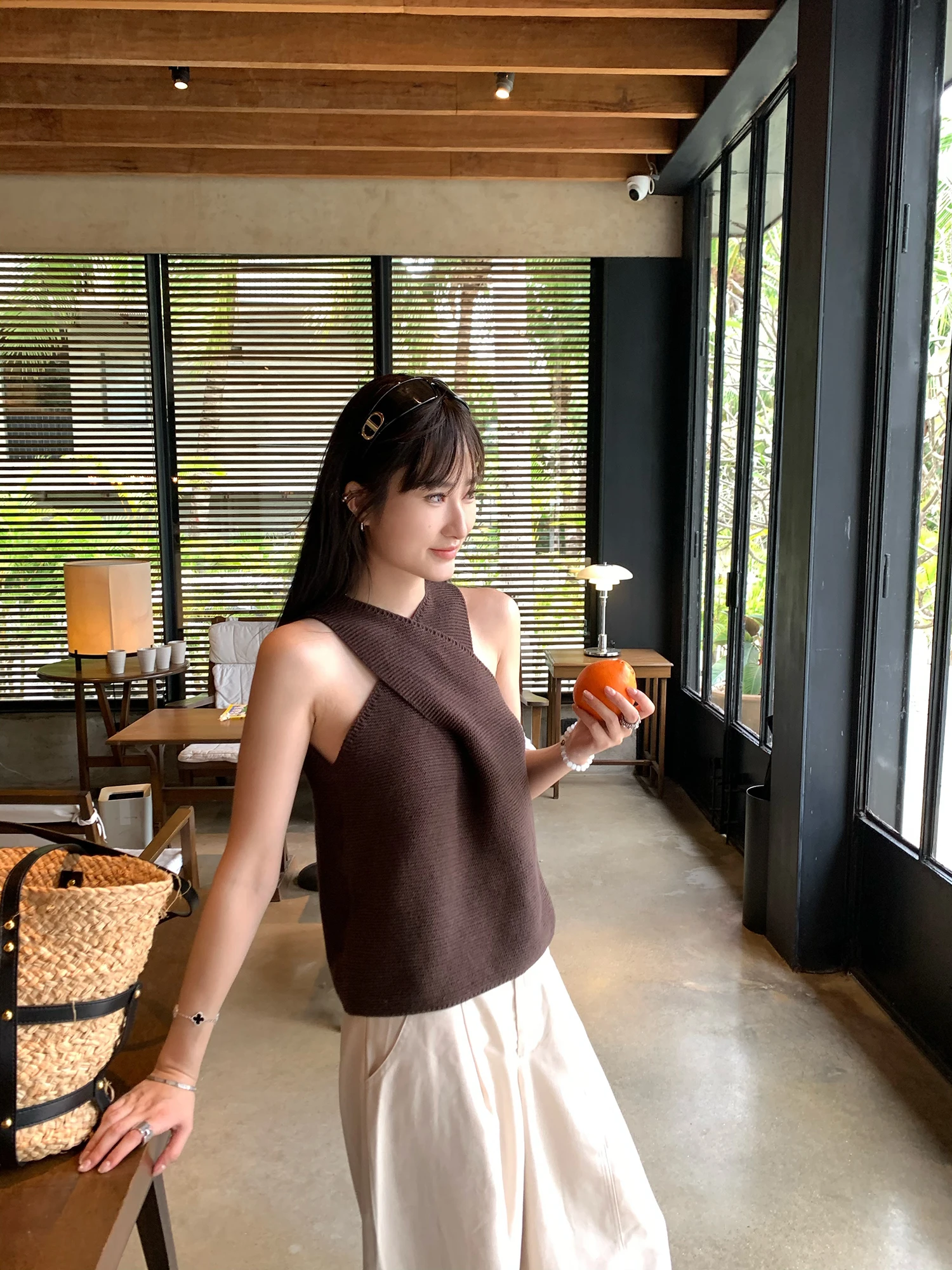 

Белый вязаный жилет Studio Knitted Cross-Ne Svel, однотонный, модный топ, женский повседневный топ прямого кроя из смеси хлопка и полиэстера