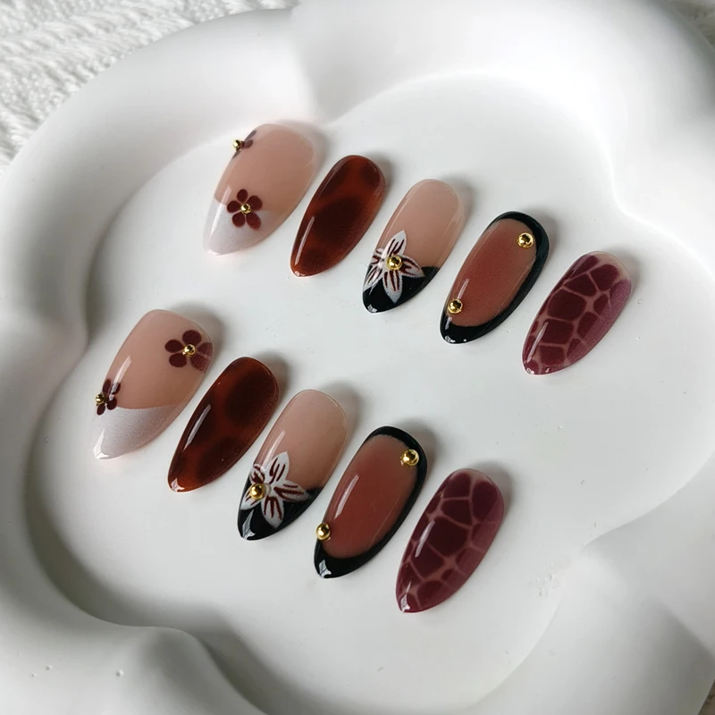 10 Stück 3D-Blumen mit Perlen, kurze, mandelförmige, tragbare Nagelkunst, hochwertige Leopardenmuster, französische Nagelaufkleber, Press-on-Nägel – Detail 14