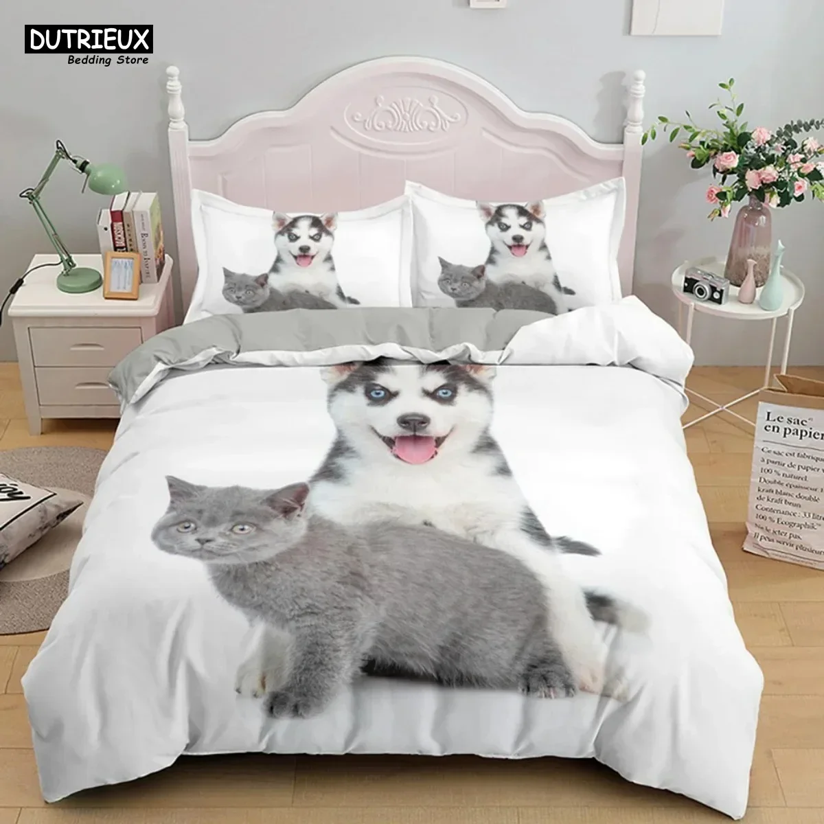 Cute Baby Cat Bedding Set White Black Kitten Bed Linen Single Double Queen Twin Full Size Duvet Cover Kids Girls Dogs Room Decor