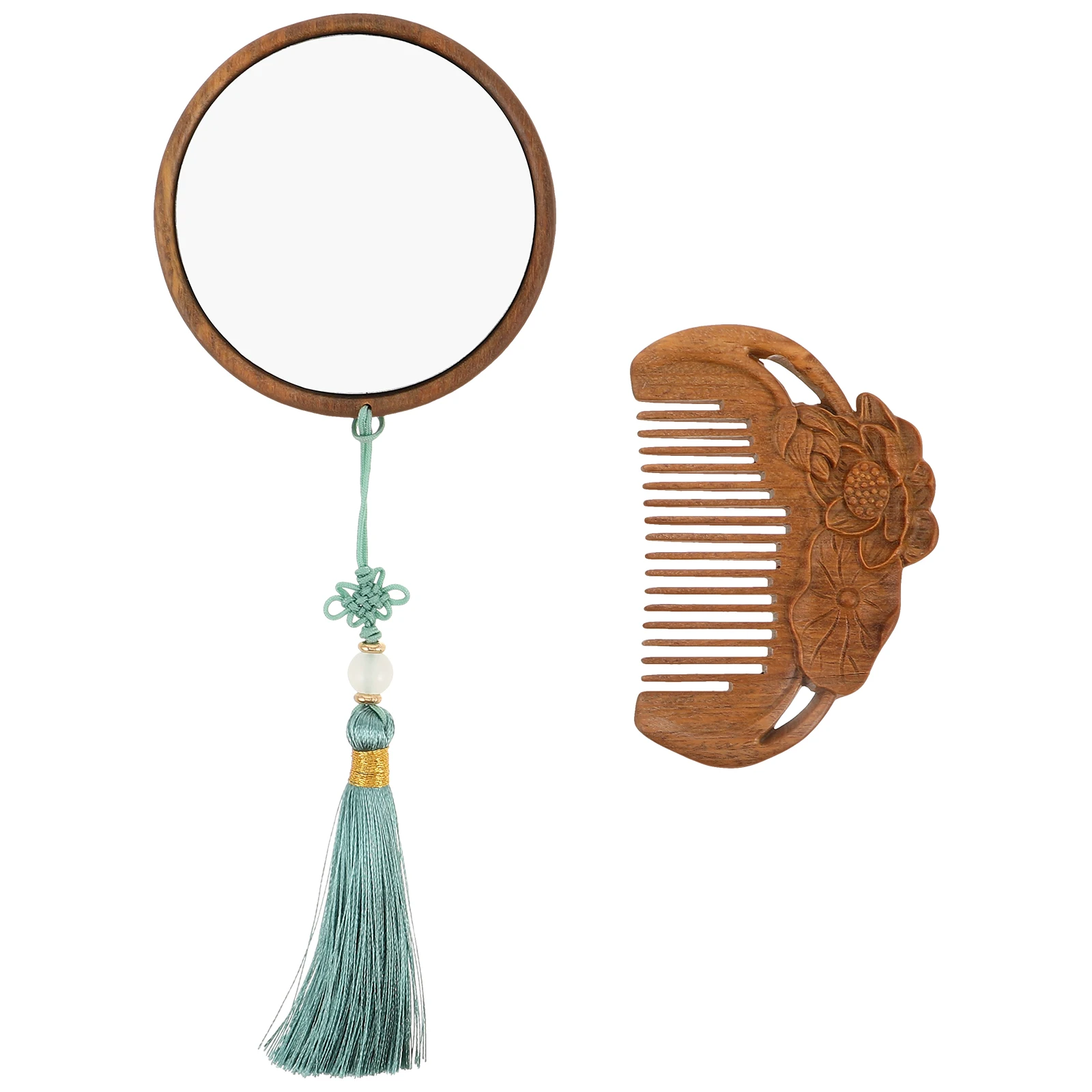 1Set Sandalwood Comb and Mirror Set Hand-Carved Vintage Wooden Comb for Travel Gentle on Hair High Clarity Reflection Portable