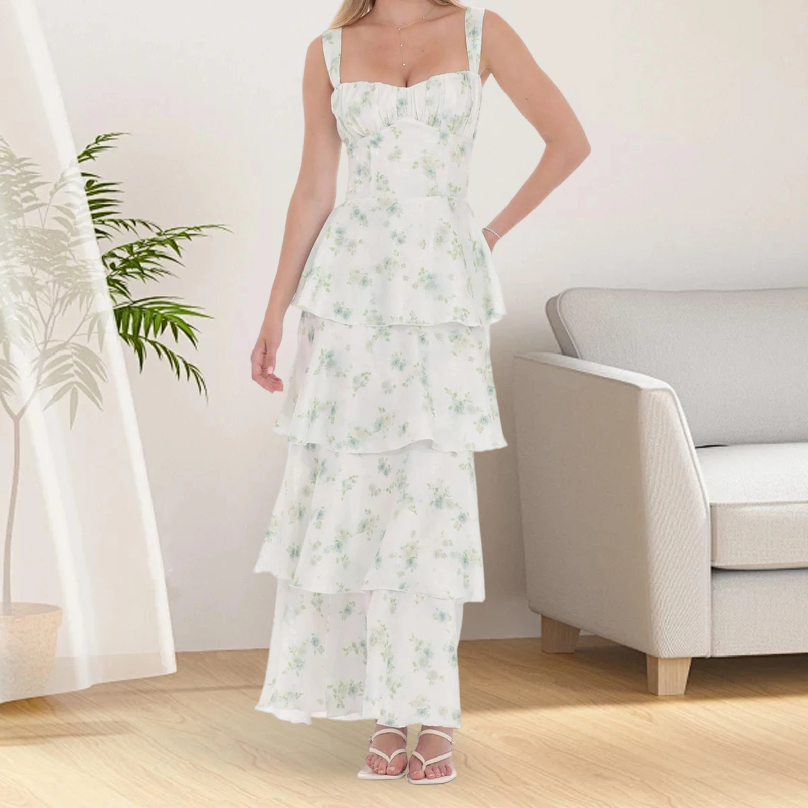 Robe longue d'été pour femmes, nouvelle mode, sans manches, dos ouvert, imprimé floral, robe de plage à plusieurs niveaux, offre spéciale S M L
