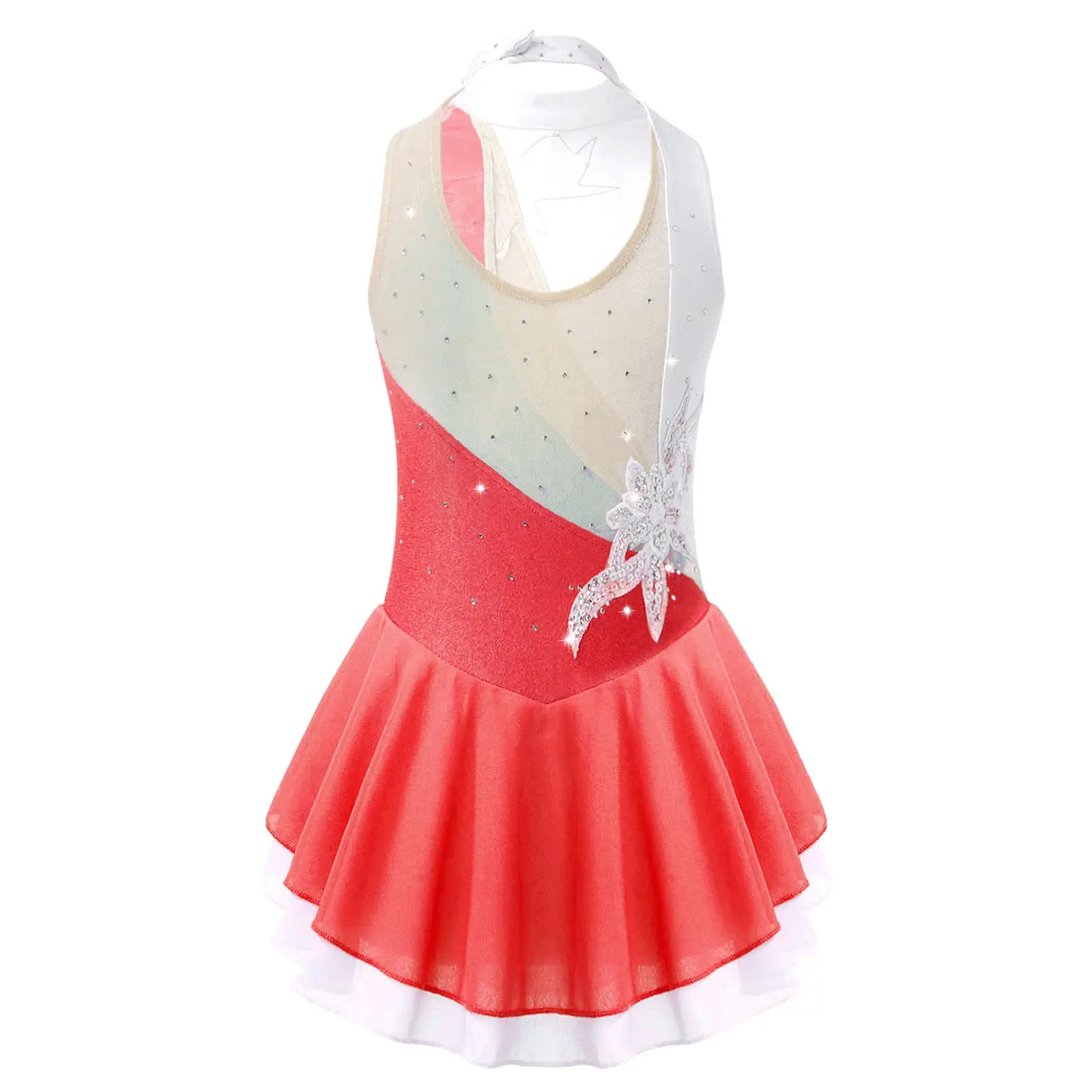 Girls Sequins Floral Applique Hollow Back Dance Dress Gymnastics Figure Ice Skating Roller Skating Competition Costume