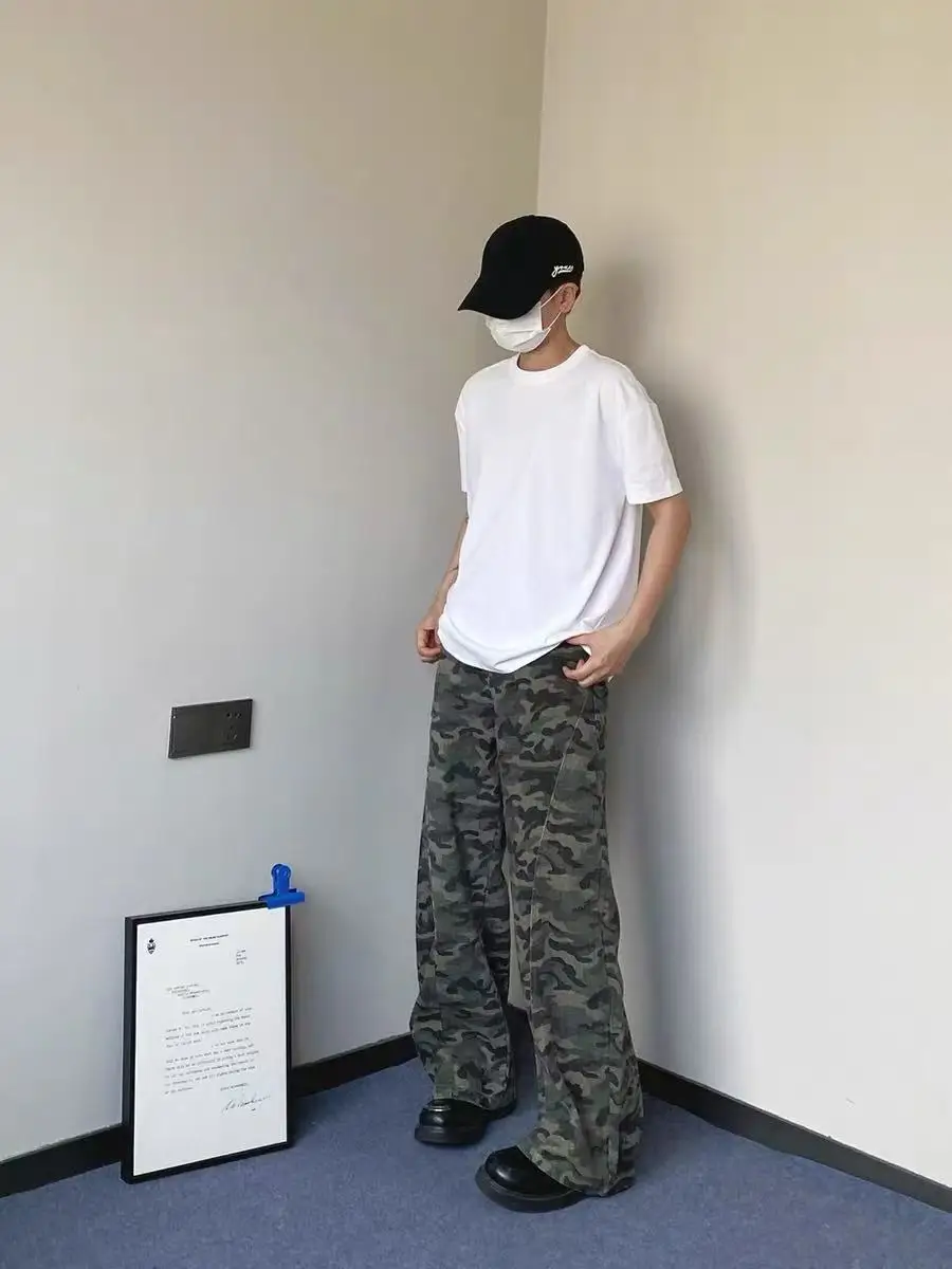 

American Retro High Street Waed Camouflage Men's Wide Leg Straight Casual Pants CleanFit Leisure Trousers for Men