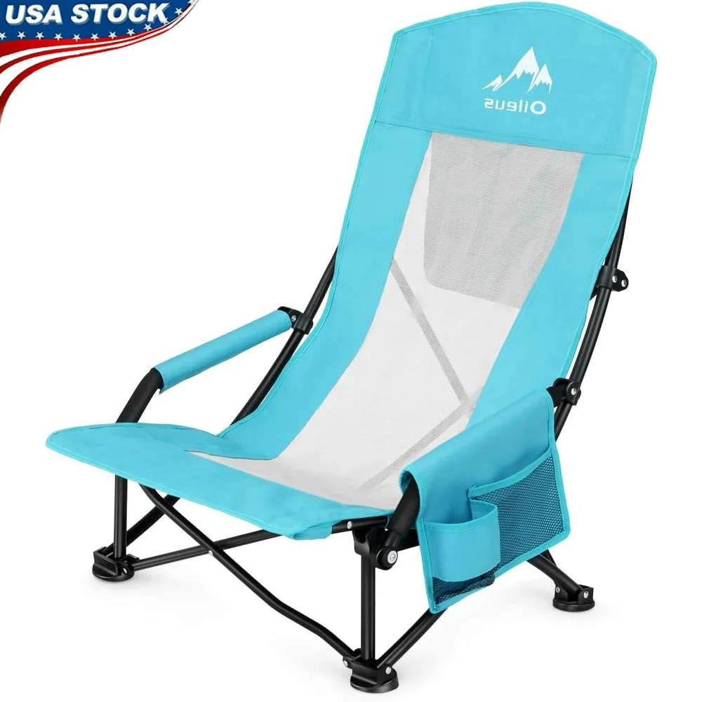 

Folding Portable Beach Chair Lightweight High Back Low Seat Mesh Fabric Cup Holder Storage Bag Camping Outdoor Relaxation