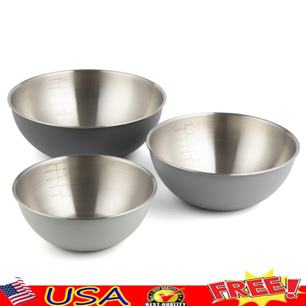 

3 Piece Stainless Steel Mixing Bowl Set Heavy Gauge Durable Cookware Baking Serving Dishwasher Safe Nested Measuring Markings