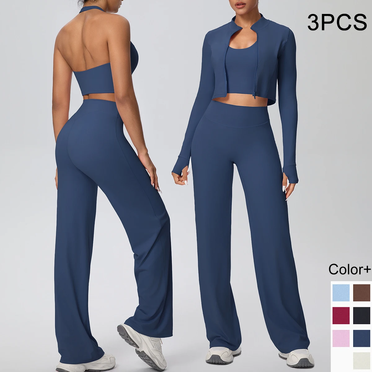 

Woman Gym Dports Yoga Det Quick Drying Solid Color Hanging Neck Bra Slim Zipper Jacket Push Up Wide Leg Pants Yoga Set