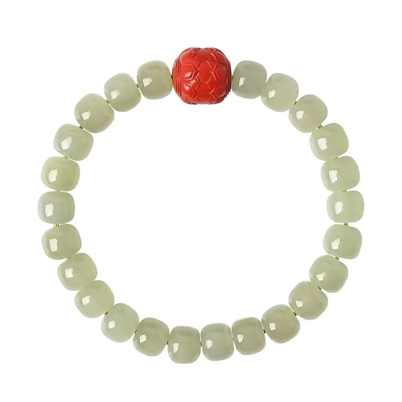 Natural High-Quality Hetian Jade & Cinnabar Twin Lotus Luck Bracelet for Women, Mother's Day Gift