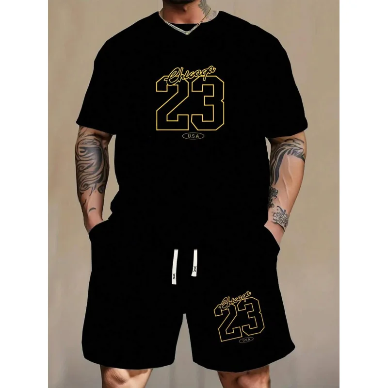 

2pcs Men's Regular Fit Short Sleeve T-Shirt And Shorts Set, Personalized Print Pattern Fashion Casual Outgoing Outfit, Pocket De