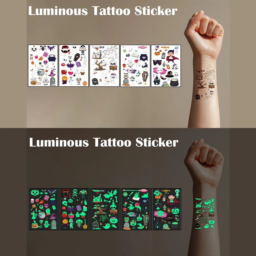 

Halloween glowing tattoo pumpkin ghost face full moon night horror glowing face body stickers 6 sheets, ghost spider web costume