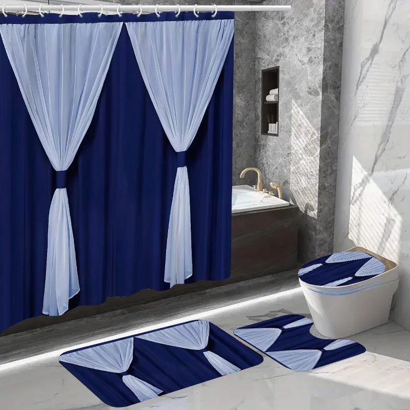 4PCs home decor waterproof shower curtain sets with 12 hooks toilet seat cover bathroom mat non-slip rug carpet polyester fa