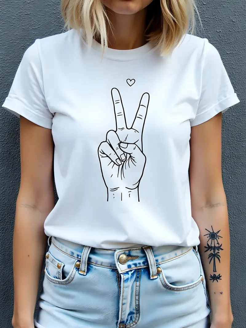 2026 Womens White Printed T Shirt Short Sleeve Crew Neck Casual Tee Graphic Peace Sign Heart Design Summer Tee Tops